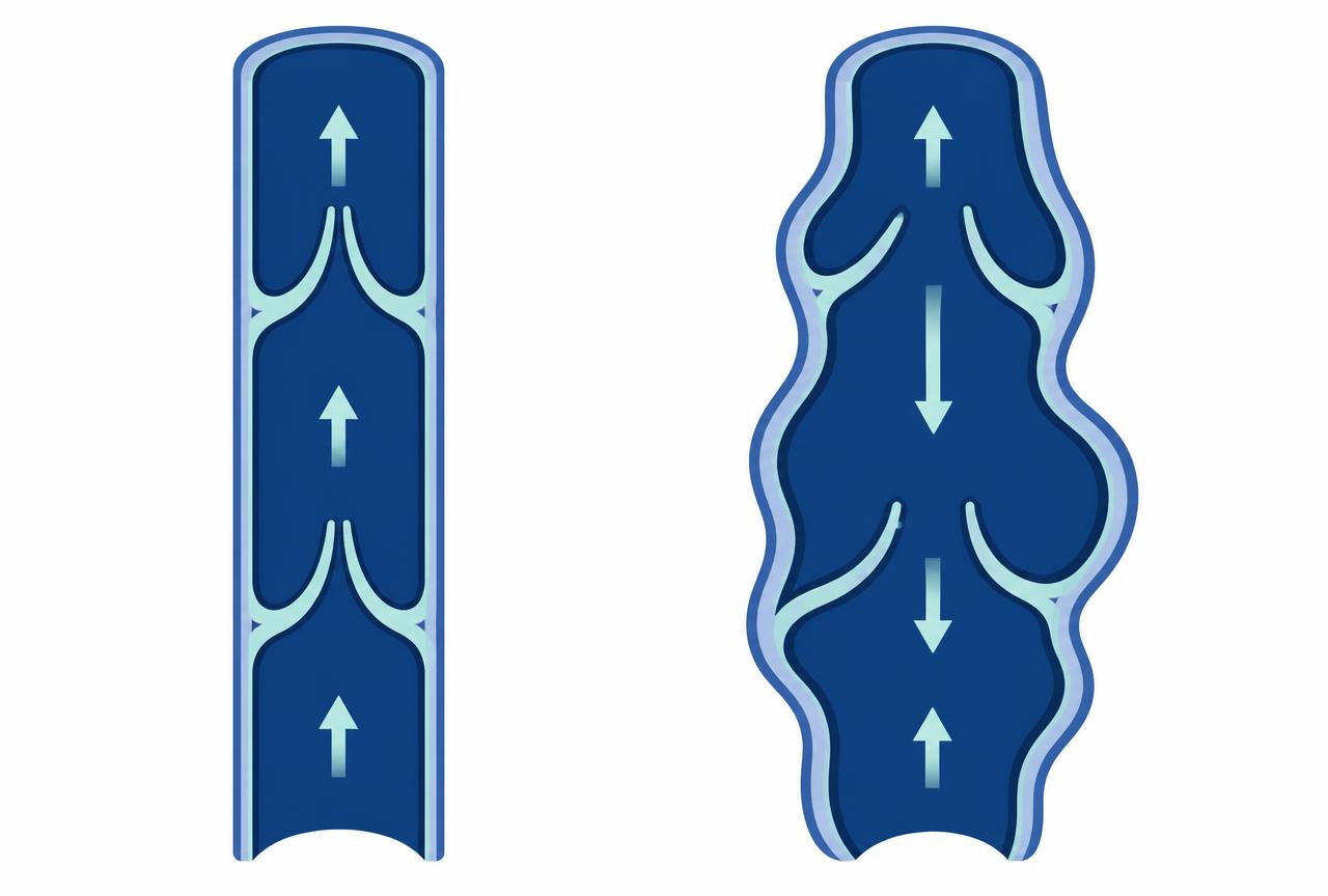 Diagram comparing a healthy leg vein with working valves to a swollen varicose vein
